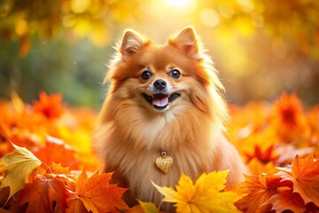 Fototapeta premium Portrait of a cute joyful Pomeranian dog in autumn on the background of autumn leaves. A banner with a picture of a pet dog.