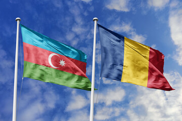 3d illustration. Azerbaijan and Romania Flag waving in sky. High detailed waving flag. 3D render. Waving in sky. Flags fluttered in the cloudy sky.