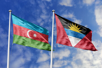 3d illustration. Azerbaijan and Antigua and Barbuda Flag waving in sky. High detailed waving flag....