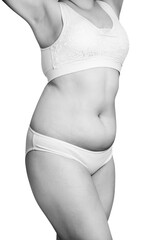 Overweight female body in white lingerie.