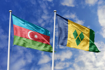 3d illustration. Azerbaijan and Barbados Flag waving in sky. High detailed waving flag. 3D render....