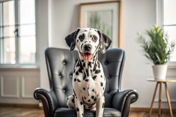 Portrait of a cute joyful Dalmatian dog. A banner with the image of a pet dog in the interior of a...