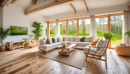 "Modern living room with a sectional sofa, large windows overlooking a forest, wooden furniture, and indoor plants bathed in natural light.