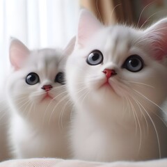 AI generated illustration of cute little white cats staring intently at something