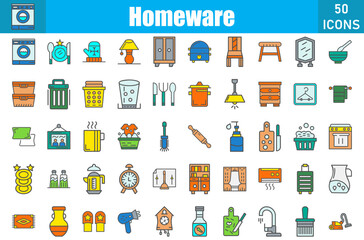 Homeware 50 web icons in outline filled style