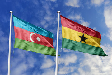 3d illustration. Azerbaijan and Ghana  Flag waving in sky. High detailed waving flag. 3D render. Waving in sky. Flags fluttered in the cloudy sky.
