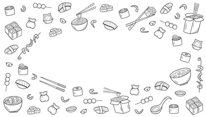 Asian food set doodle style. Vector illustration of Japanese Chinese Taiwanese cuisine menu for restaurants.