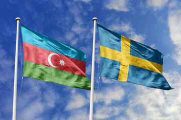 3d illustration. Azerbaijan and Sweden  Flag waving in sky. High detailed waving flag. 3D render....