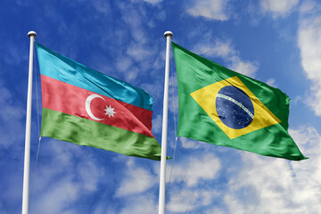 3d illustration. Azerbaijan and Brazil Flag waving in sky. High detailed waving flag. 3D render....