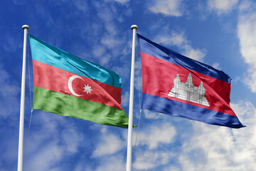 3d illustration. Azerbaijan and Cambodia Flag waving in sky. High detailed waving flag. 3D render. Waving in sky. Flags fluttered in the cloudy sky.