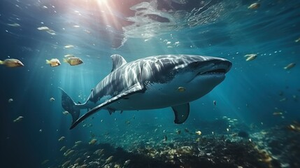 Fototapeta premium Stunning Underwater Image of a Shark Among Fish in a Sunlit Ocean