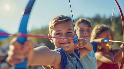 Youth at Camp Practicing Archery, Focusing on Bullseye to Enhance Skills and Sportsmanship