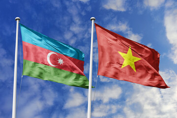 3d illustration. Azerbaijan and Vietnam Flag waving in sky. High detailed waving flag. 3D render. Waving in sky. Flags fluttered in the cloudy sky.