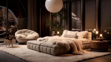  rustic elegance of the bedroom interior design is accentuated by the inclusion of a modern luxury curved sofa and velvet pouf in the Hollywood Regency style, offering a luxurious retreat adorned with