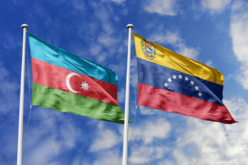 3d illustration. Azerbaijan and Venezuela Flag waving in sky. High detailed waving flag. 3D render. Waving in sky. Flags fluttered in the cloudy sky.