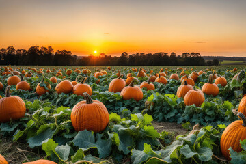 Group Of Pumpkins In Field At Sunset