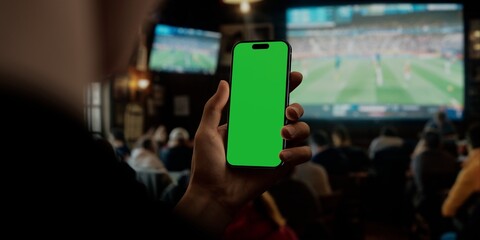 Smartphone with green screen in sports bar, perfect for app demos