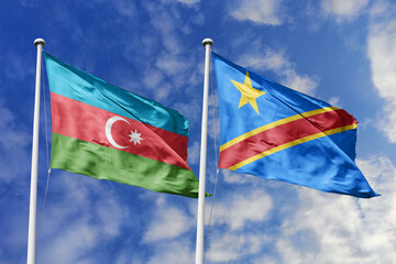 3d illustration. Azerbaijan and Democratic Republic of the Congo Flag waving in sky. High detailed...