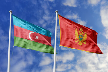 3d illustration. Azerbaijan and Montenegro Flag waving in sky. High detailed waving flag. 3D render. Waving in sky. Flags fluttered in the cloudy sky.