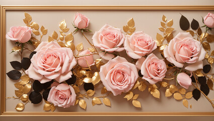  a rectangular arrangement of pink roses with gold leaves on a beige background