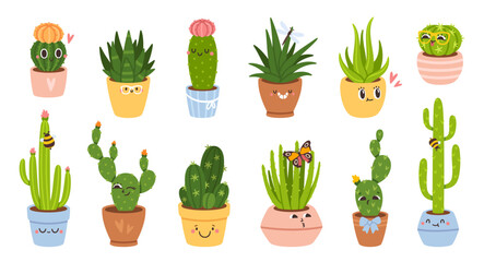 Cute cactus. Cartoon cactuses, succulents or cacti plant characters in pots. Mexican prickly plants with funny faces and emotion. Fun home cacti stickers and badges. Vector set