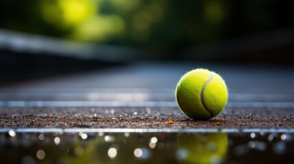 Close-Up Tennis Ball on Wet Court, Dramatic Lighting and Vivid Details