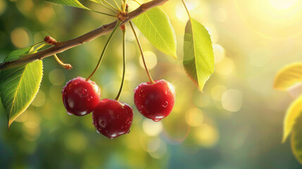 Ripe Cherry fruit hanging on a tree branch with soft green leaves on a beautiful green light bokeh...