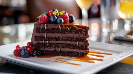 A slice of chocolate cake with blueberries and raspberries on top