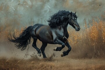 Black horse prancing. Handsome noble stallion with long mane galloping. Generate AI