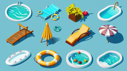 summer icons with pools, sun loungers, umbrellas, lifebuoys