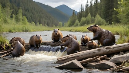 A family of beavers building a dam in a fast flowi upscaled 3