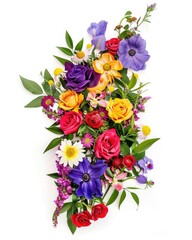 A bouquet of flowers with a variety of colors including yellow, pink, purple