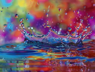 A splash of water with a rainbow in the background