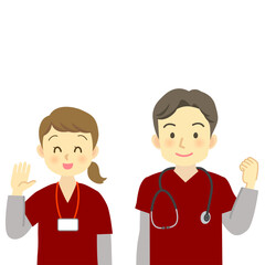 赤系のスクラブを着用した医療従事者の男女（正面を向いた上半身）　訪問看護・看護師・医師・介護福祉士
