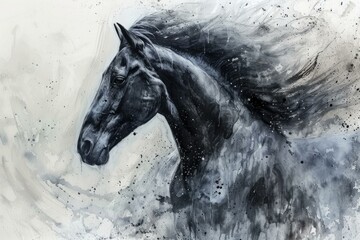 Artistic watercolor illustration of a majestic black horse with dynamic brush strokes