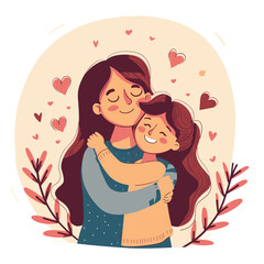 Mother's Day love, cute flat illustration of mom and daughter sharing a happy embrace