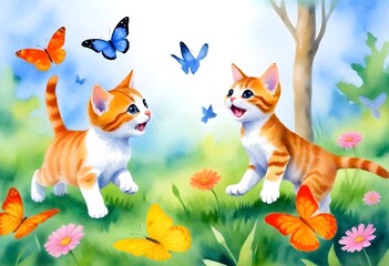 Watercolor painting playful scene of kittens chasi (5)