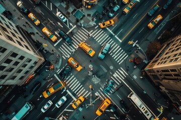 Drone view of a bustling city intersection, with the crisscrossing traffic creating a dynamic urban tapestry - obrazy, fototapety, plakaty