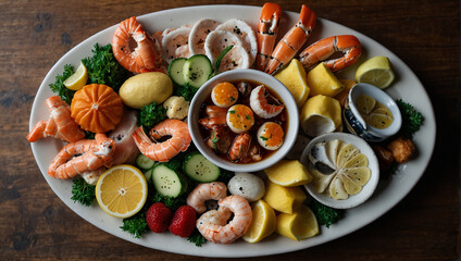 seafood including shrimp, mussels, 