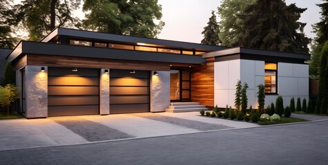 A new home with a lowpitch roof siding and a beautifully designed garage door The house exudes a sense of modern style and curb appeal
