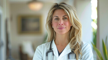 Fototapeta premium portrait of beautiful confident friendly middle-aged female doctor with blonde hair smiling wearing white uniform and stethoscope on hospital background