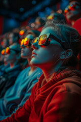 Obraz premium Diverse audience captivated by thrilling 3D movie in cinema.