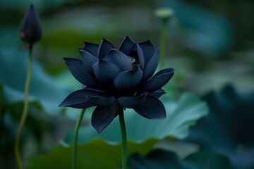 Black lotus flower in dark. Summer nature leaf aquatic plant. Generate Ai - obrazy, fototapety, plakaty