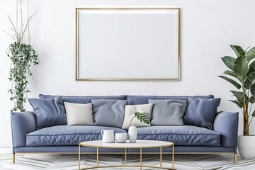 Modern Living Room with Blue Couch and Mirrors