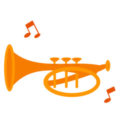 Orange musical trumpet. Orange musical instrument. Trumpet with notes