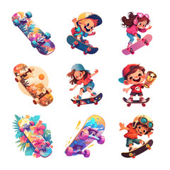 Fototapeta premium Set of cartoon skateboard illustrations isolated on transparent background, boys and girls performing tricks. Design elements for stickers, t-shirts, stationery, collectible cards, posters.