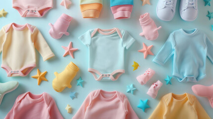 Delicate pastel baby clothes arranged artistically on a soft background.