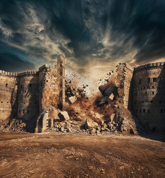 Destruction of Jericho. Crumbling medieval castle fort walls. Archaeological Marvel Unearthed: Unique Representation of the Mythic Destruction of Jericho's Legendary Walls. walls of Jericho fall