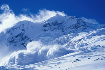 Naklejka premium Generative ai on theme of descent of an huge avalanche from the mountain, winter nature landscape