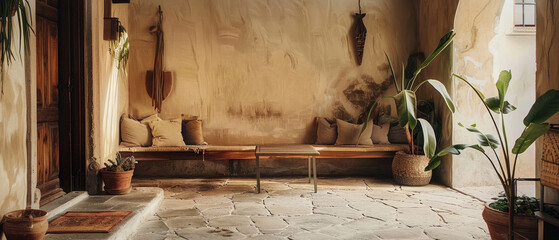 Vintage Mexican house interior with rustic old stone floor, beige walls with peeling paint, old sofa with pillows on it, and potted plants